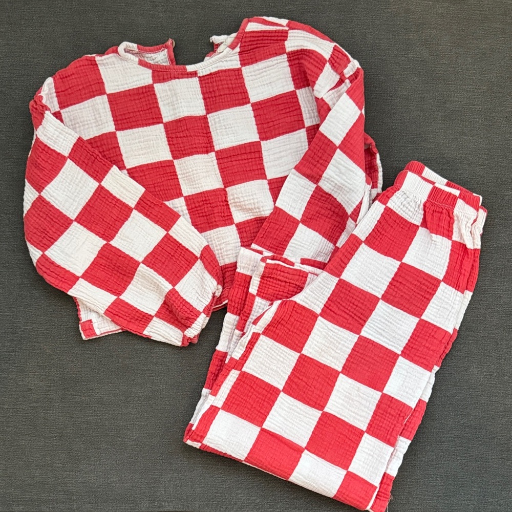 Kids Red & White Check Matching Set - Lightweight Top & Pants